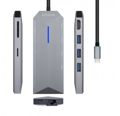 Aisens USB-C Dock 8 en 1 - USB-C a 1xHDMI - 1xRJ45 - 3xUSB - 1xPD - 1xSD - 1xMICRO SD - 15cm - Color Gris
