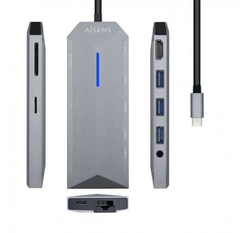 Aisens Dock 9 en 1 Hub USB-C 3.0 con 3x USB-A 3.0, 1x HDMI 1x RJ45, 1x PD 100W, 1x Audio 3.5mm, 1x Lector SD, 1x Lector MicroSD - Carcasa de Aluminio - Cable de 0.15m