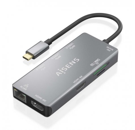 Aisens USB-C Dock 9 en 1 - USB-C a 2xHDMI - 1xRJ45 - 2xUSB-A USB3.0 - 1xUSB-A USB2.0 - 1xUSB-C PD - 1xSD - 1xMicro SD - 15cm - Color Gris