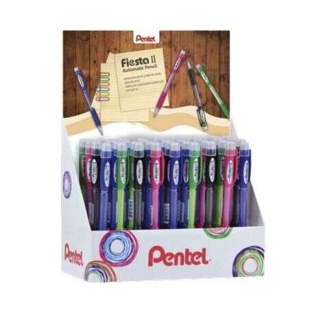 Pentel Fiesta II Expositor de 36 Portaminas HB 0.5mm con Goma - Incluye 2 Recargas - Grip de Goma - Diseño Ergonomico - Colores Surtidos