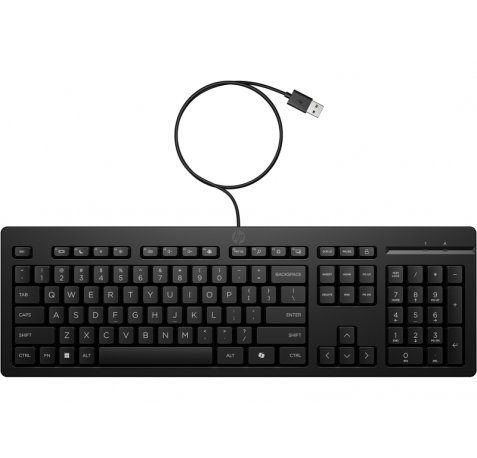 HP 125 Teclado USB G2 - Tecla Copilot IA - Patas Ajustables - Indicadores LED (Num/Caps) - Teclas de Embrague Tipo Plunger - Fabricado con Plastico Reciclado - Color Negro