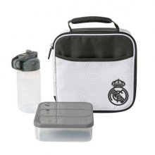 Safta Real Madrid Bolsa Isotermica Porta Alimentos - Cremallera - Incluye Recipiente de 650ml - Botella de 335ml - Bolsillo Interior - Asa de Mano - 21x21.6x9.5cm - Color Blanco