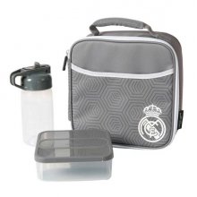 Safta Real Madrid Bolsa Isotermica Porta Alimentos - Cremallera - Incluye Recipiente de 650ml - Botella de 335ml - Bolsillo Interior - Asa de Mano - 21x21.6x9.5cm - Color Gris