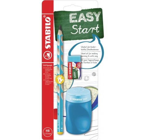 Stabilo Easygraph Pack con Lapiz de Grafito + Sacapuntas con Deposito + Goma de Borrar - Mina HB de 3.15mm - DiseÃ±o Ergonomico - Uso Zurdo - Color Azul