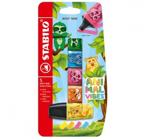 Stabilo Boss Mini Animal Vibes Pack de 5 Mini Marcadores Fluorescentes - Trazo entre 2 y 5mm - Tinta con Base de Agua - Antisecado - Colores Surtidos