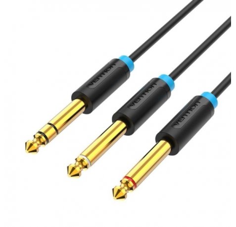 Vention Cable de Audio Estereo - Longitud 2m - Jack 6.5mm - Dual 6.5mm - Conectores Chapados en Oro - Blindaje Multicapa - Color Negro