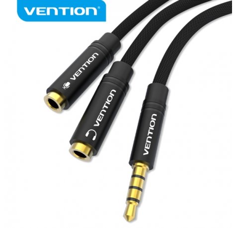 Vention Cable Divisor de Audio - Sincronizacion de Audio y Microfono - Tela Trenzada - Conector Escalonado - Color Negro