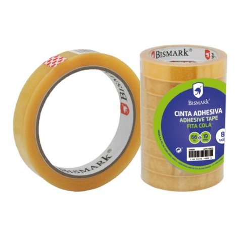 Bismark Cinta Adhesiva Transparente 19mm x 66m - Fabricada en Polipropileno - Transparente (8 uds)