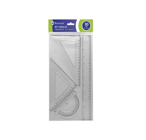 Bismark Quality Pack de Reglas para Dibujo - Incluye Regla Escuadra Cartabon y Transportador - Graduados y Biselados - Ideal para el Colegio - Presentacion en Bolsa Transparente - Color Transparente