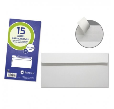 Bismark Pack de 15 Sobres Americanos Papel 90grs - Medidas 115x225mm - Cierre Autoadhesivo - Color Blanco