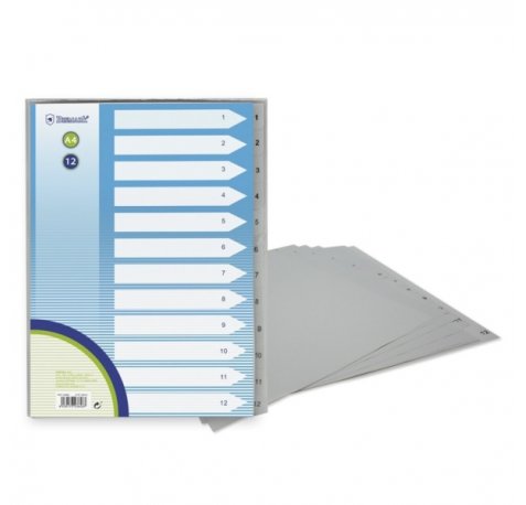 Bismark Indice Numerico con Pestañas del 1 al 12 - Multitaladro - Formato A4 - Fabricados en Polipropileno - Color Gris (12 uds)