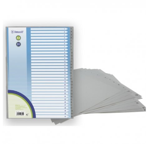 Bismark Indice Numerico con Pestañas del 1 al 31 - Multitaladro - Formato A4 - Fabricados en Polipropileno - Color Gris (12 uds)