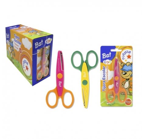 Bismark Kids Bat Formas Tijera Escolar - Hojas con Forma para Diferenrtes Tipos de Corte - Mangos en Plastico - Punta Roma - 2 Diseños Surtidos (20 uds)