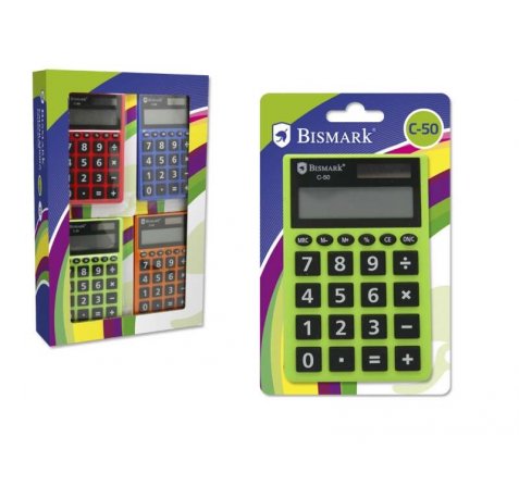 Bismark C-50 Calculadora Escolar de 8 Digitos - Funciones Basicas y Memoria - Alimentacion Solar y a Pilas - Colores Surtidos (4 uds)