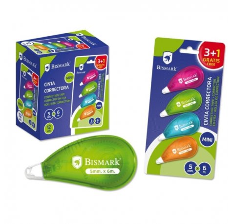 Bismark Neon Pack de 4 Mini Cintas Correctoras 5mmx6m - Perfecta Adherencia al Papel - Presentacion en Blister - Cuerpo de Colores Surtidos (12 uds)