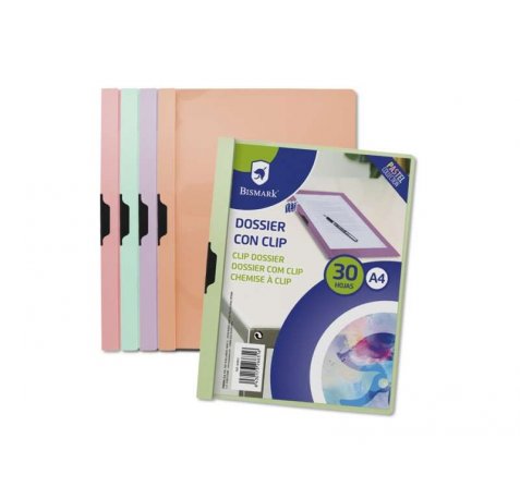 Bismark Pastel Dossier con Clip A4 - Polipropileno Transparente - Clip Metalico Lateral - Capacidad 30 Hojas - Colores Surtidos (5 uds)