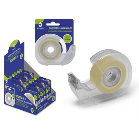 Bismark Portarrollos con Cinta Adhesiva Transparente - Cuerpo de Plastico - Incluye Cinta de 33 Metros - Ideal para Uso Escolar - Color Transparente (12 uds)