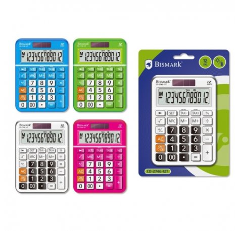 Bismark C-2746 Calculadora de Sobremesa - Pantalla LCD de 12 Digitos - 3 Teclas de Memoria, Calculo de Impuestos, Raiz Cuadrada - Alimentacion Solar y Pilas - Colores Surtidos Aleatorios