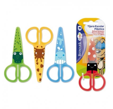 Bismark Kids Plastica Tijera Escolar de Plastico - Decoradas con Animales - Punta Roma - 4 Diseños Surtidos (24 uds)