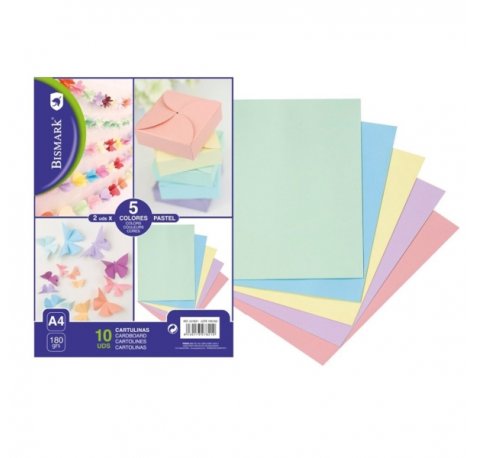 Bismark Pack de 10 Cartulinas 180 g/m² - Tamaño A4 - Colores Pastel Surtidos