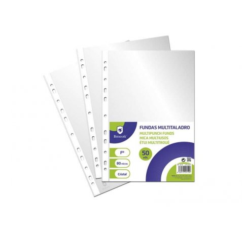 Bismark Pack de 50 Fundas Multitaladro Tamaño Folio 80 Micras - Acabado en Cristal - Ideal para Carpetas con Mecanismo de Anillas - Disponible en Varios Tamaños