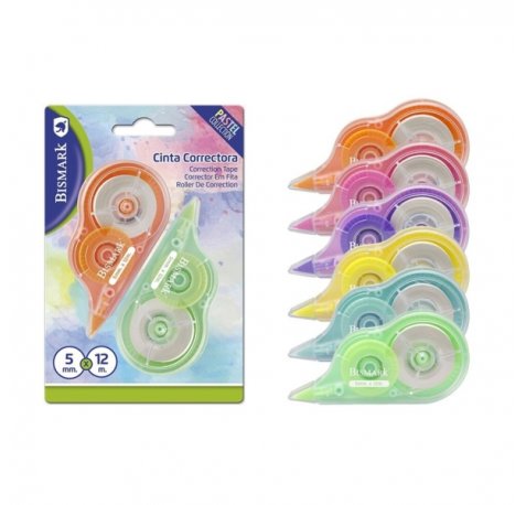 Bismark Pastel Pack de 2 Cintas Correctoras 5mmx12m - Perfecta Adherencia al Papel - Presentacion en Blister - Cuerpo de Colores Pastel Surtidos (12 uds)