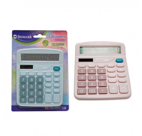 Bismark Calculadora de Sobremesa - Pantalla LCD de 12 Digitos - 3 Teclas de Memoria - Alimentacion Solar y Pilas - Colores Pastel Aleatorios