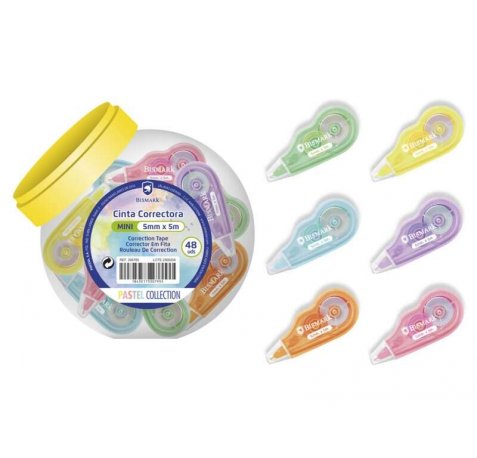 Bismark Mini Cinta Correctora Pastel - Alta Calidad - Correccion Instantanea - No Mancha - No Deja Huella en Fotocopias (48 uds)