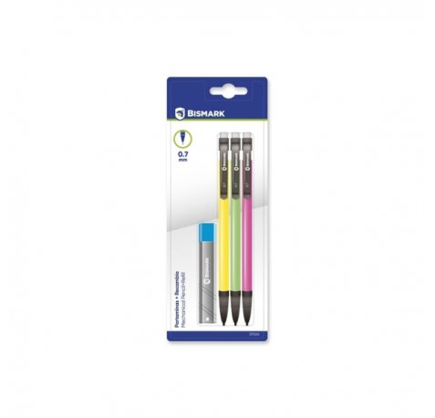 Bismark Pack con 3 Portaminas 0.7mm HB + 1 Cajita de Minas - Punta Retractil - Cuerpos de Colores Neon Surtidos