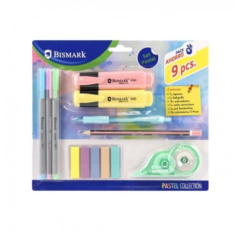 Bismark Pastel Pack Escolar con Lapicero, Boligrafo, 2 Marcadores, Cinta Correctora, Set Banderitas Pet y 3 Rotuladores 0.44mm