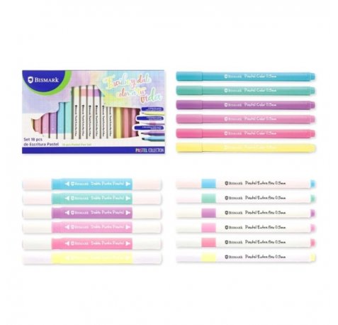 Bismark Pastel Pack Escolar de Escritura con 6 Marcadores Doble Punta Biselada 4mm y Fina 1mm, 6 Rotuladores Punta Fina 0.5mm y 6 Boligrafos Punta Colores Pastel 0.5mm