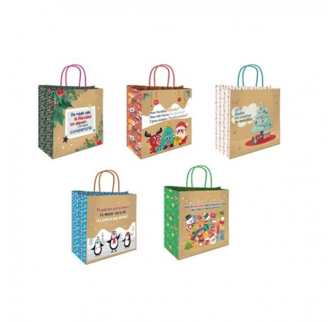 Bismark Bolsa de Papel Kraft con Mensajes NavideÃ±os - Medidas 26x8x24cm - 5 DiseÃ±os Diferentes (25 uds)