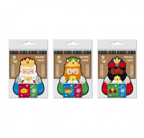 Bismark Pack de 2 Rollos de Cinta Washi-Tape Navideña para Regalos - Tematica Reyes Magos - Medidas 20mmx3m y 30mmx3m - 3 Diseños Aleatorios