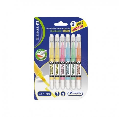 Bismark Long-Life Pack de 6 Marcadores Fluorescentes Pastel - Tinta Liquida - Punta Biselada - Ideal para Subrayar y Resaltar - Colores Surtidos