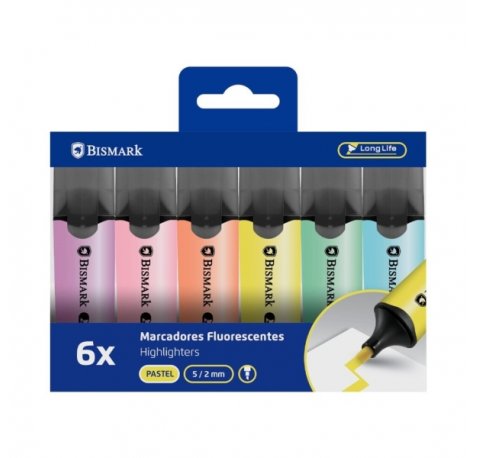 Bismark Pack de 6 Marcadores Fluorescentes - Punta Biselada 2 - 5mm Aprox - Tinta Base de Agua - Larga Duracion - Colores Pastel Surtidos