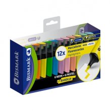 Bismark Pack de 12 Marcadores Fluorescentes - Punta Biselada 2 - 5mm Aprox - Tinta Base de Agua - Larga Duracion - Colores Neon y Pastel Surtidos