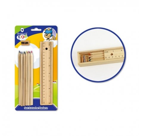 Bismark Pack Escolar con Estuche de Madera con Tapa Regla, 12 Lapices de Colores y Sacapuntas