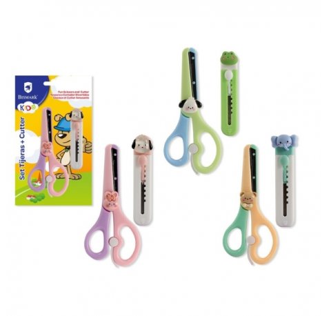 Bismark Kids Pack de Tijera Escolar + Cuter - Mangos en Plastico - Punta Roma - 3 Diseños Surtidos (12 uds)