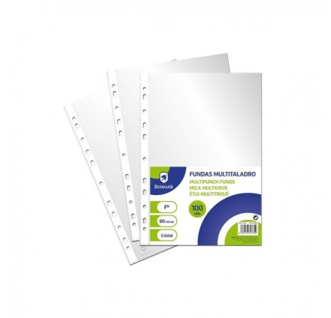 Bismark Pack de 100 Fundas Multitaladro TamaÃ±o Folio 80 Micras - Acabado en Cristal - Ideal para Carpetas con Mecanismo de Anillas