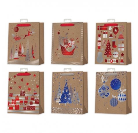 Bismark Bolsa de Papel Kraft Navidad - Impresion Foil - 6 DiseÃ±os Diferentes (12 uds)