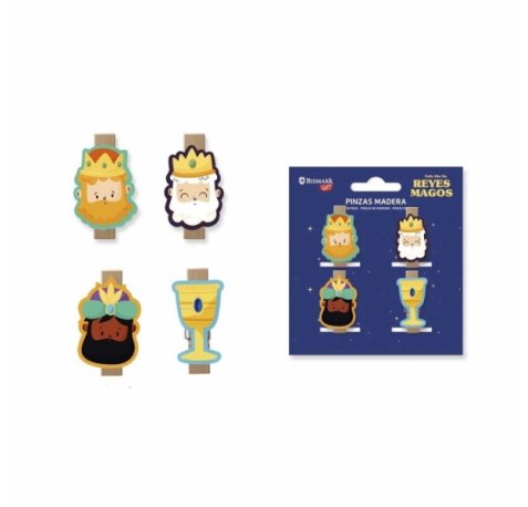Bismark Pack de 4 Pinzas de Madera Decoradas con Reyes Magos