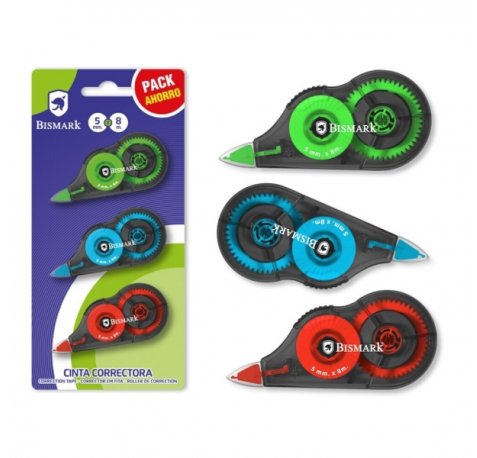 Bismark Pack de 3 Cintas Correctoras 5mmx8m - Perfecta Adherencia al Papel - Presentacion en Blister - Colores Surtidos (12 uds)