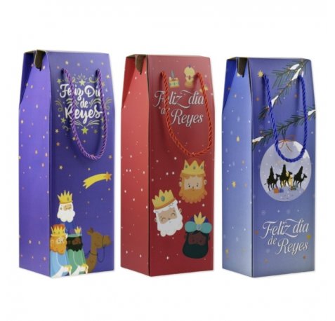 Bismark Caja/Bolsa de Carton con Asa para Botellas Reyes Magos - Medidas 13x36x10cm - 3 DiseÃ±os Diferentes Aleatorios