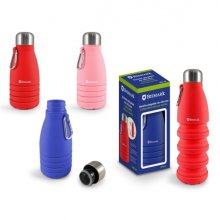 Bismark Botella de Silicona Plegable 550ml - Tapon de Acero Inoxidable - Mosqueton de Transporte - Colores Rosa, Rojo y Azul (6 uds)