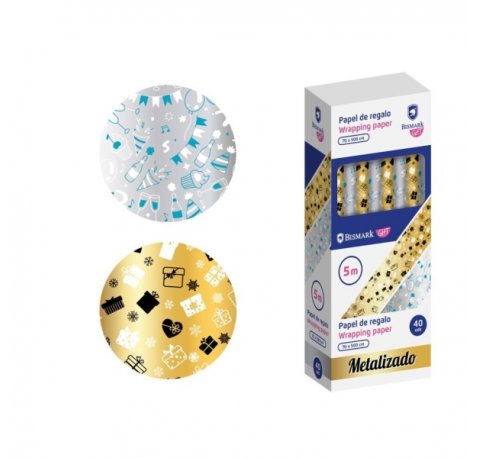 Bismark Metalizado Rollo de Papel Regalo - Medidas 70cmx500cm - 2 DiseÃ±os Diferentes (40 uds)