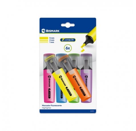 Bismark Long-Life Pack de 6 Marcadores Fluorescentes Neon - Tinta de Secado Rapido - Punta Biselada - Ideal para Subrayar y Resaltar - DiseÃ±o Ergonomico - Alta Durabilidad