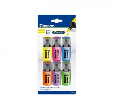 Bismark Long-Life Pack de 6 Mini Marcadores Fluorescentes Neon - Tinta de Secado Rapido - Punta Biselada - Ideal para Subrayar y Resaltar - DiseÃ±o Ergonomico - Alta Durabilidad