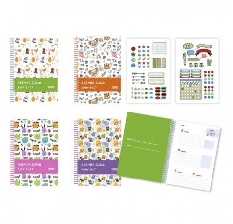Bismark Animals Agenda Escolar 26-27 Semana Vista A5 - Tapa de Carton Forrada - Hojas Interiores de Color - Planning Mensual - 2 Hojas de Pegatinas - 4 DiseÃ±os Diferentes (16 uds)