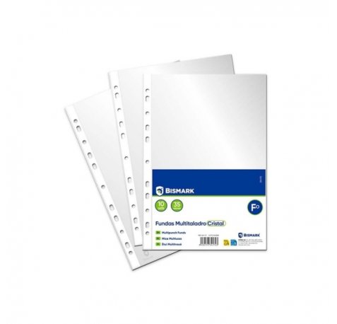 Bismark Pack de 10 Fundas Multitaladro TamaÃ±o Folio 35 Micras - Acabado en Cristal - Ideal para Carpetas con Mecanismo de Anillas