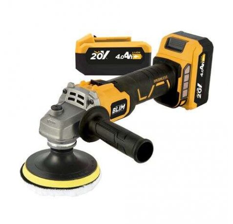 Blim Radial a Bateria 115mm 20V 4Ah + Kit de Pulido - Motor sin Escobillas - Velocidad 1000/3000/4500/8500rpm - Agarre Ergonomico - Incluye 2 Baterias y Maletin de Transporte